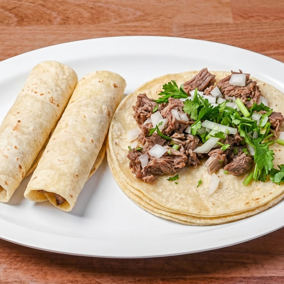 Two rolled tacos and a stack of tortillas topped with shredded beef, onions, and cilantro.