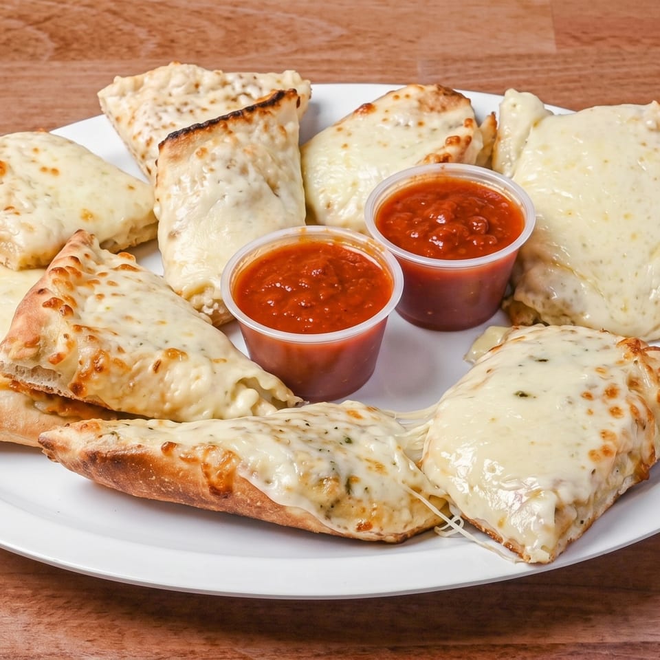 A white plate filled with cheesy breadsticks and calzones, with two cups of marinara sauce.