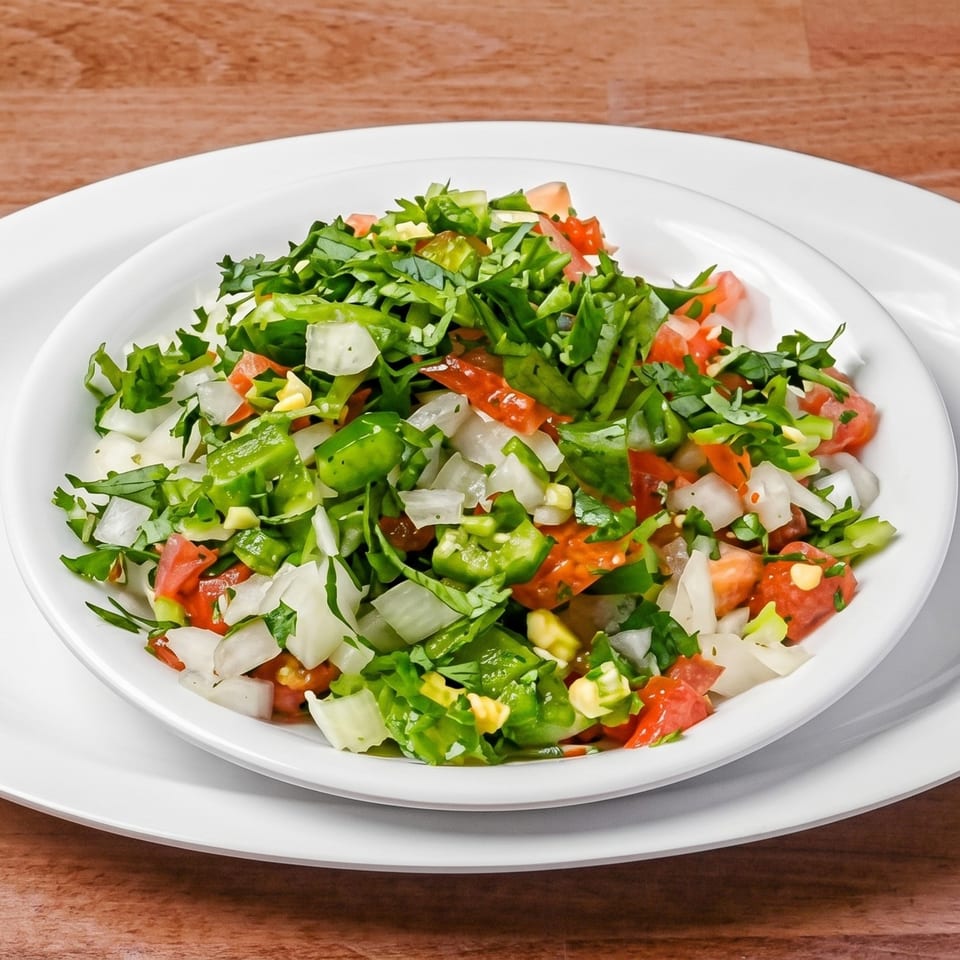 A vibrant salad of chopped tomatoes, onions, green peppers, and herbs in a white bowl.