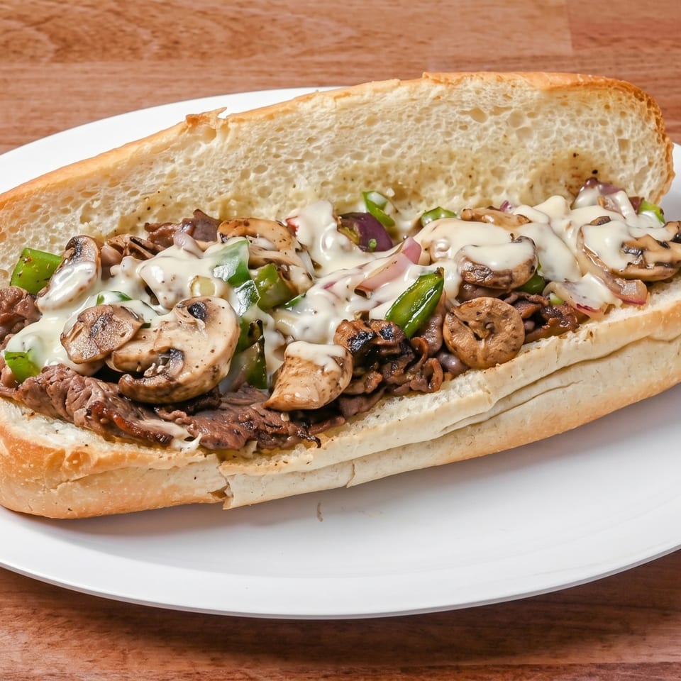 A close-up of a Philly cheesesteak sandwich with steak, mushrooms, peppers, and melted cheese.