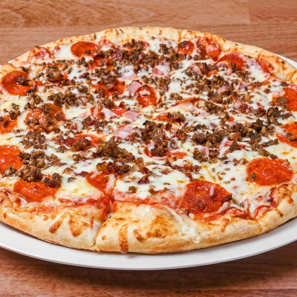A whole meat lover's pizza with pepperoni, sausage, and ham on a white plate.