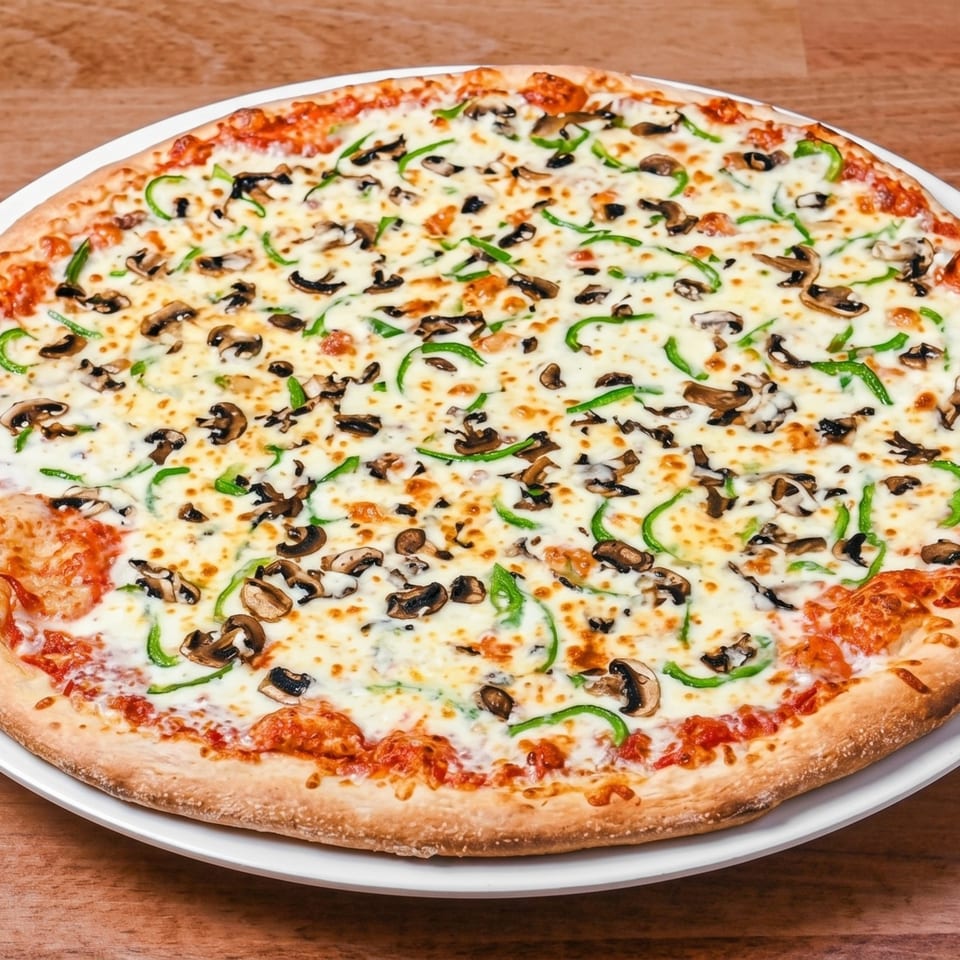 A whole pizza with white cheese, green bell peppers, and mushrooms on a white plate.