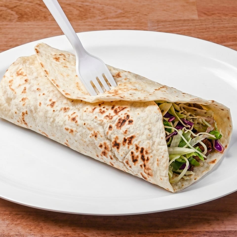 A large wrap filled with meat and colorful shredded vegetables, with a white plastic fork.