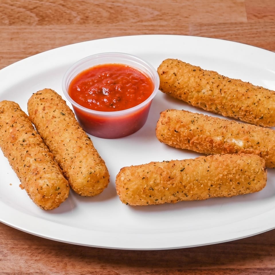 Five golden-brown mozzarella sticks with a side of red marinara sauce on a white plate.