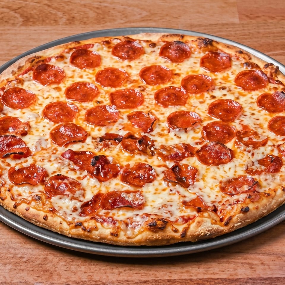 A freshly baked pepperoni pizza, covered in melted cheese and round pepperoni slices, on a dark metal pan.